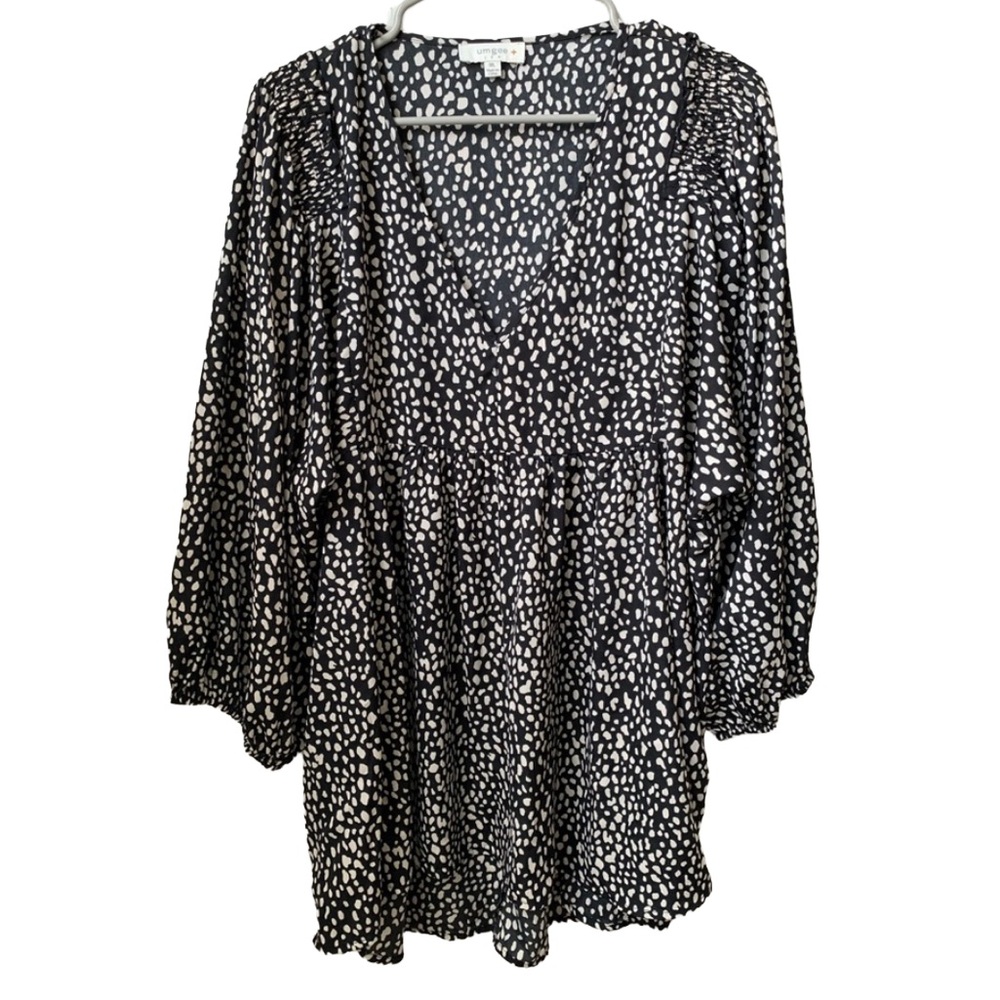 UMGEE Women’s Black w/ Cream Dot V-neck 3/4 Elastic Balloon Sleeve Rayon Blouse